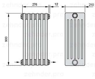 Схема (чертеж) Радиатор Zehnder Charleston 6090/6 №2670 Белый глянцевый RAL 9016